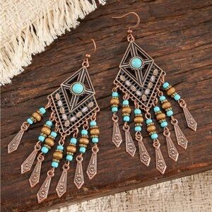 Bohemian fake Turquoise stone and beads Dangle Earrings